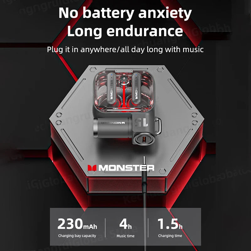 Monster XKT15 Bluetooth 5.3 TWS Gaming Kopfhörer – RGB Flip-Cover, Niedrige Latenz