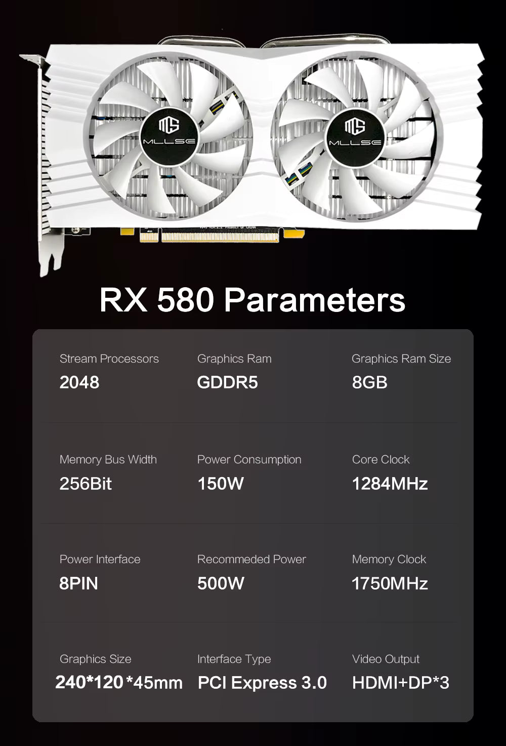 AMD RX 580 8GB 2048SP GDDR5 1284MHz Gaming Grafikkarte Weiß